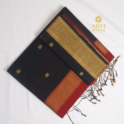 Maheshwari Silk Cotton Saree in Classic Black with Maroon Contrast Pallu & Maroon Blouse | Gold Woven Motifs