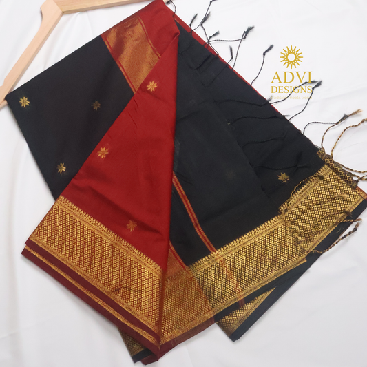 Maheshwari Silk Cotton Saree in Classic Black with Maroon Contrast Pallu & Maroon Blouse | Gold Woven Motifs