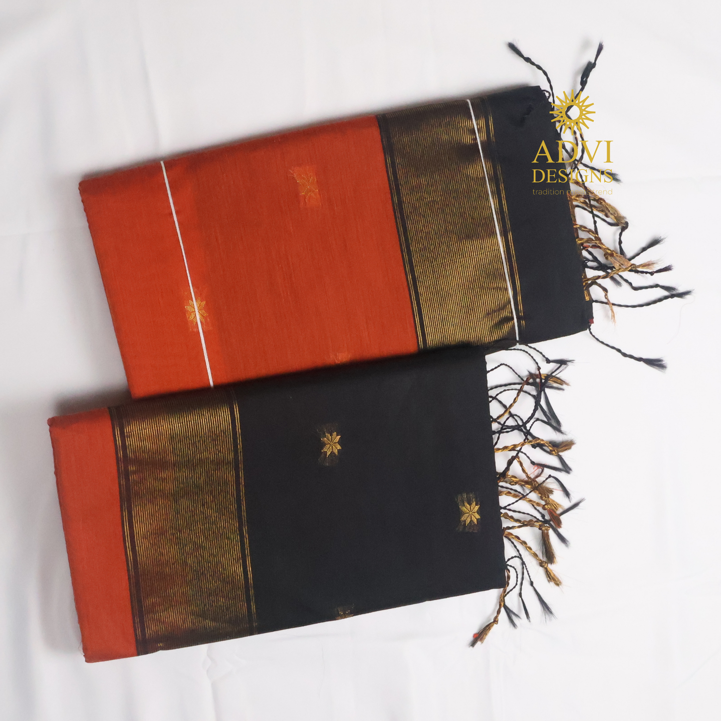 Maheshwari Silk Cotton Saree in Brick Orange with Black Contrast Pallu & Black Blouse | Gold Woven Motifs