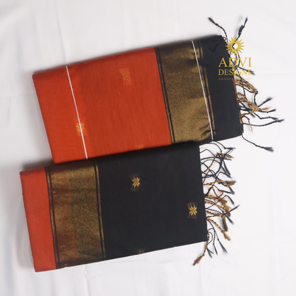 Maheshwari Silk Cotton Saree in Brick Orange with Black Contrast Pallu & Black Blouse | Gold Woven Motifs