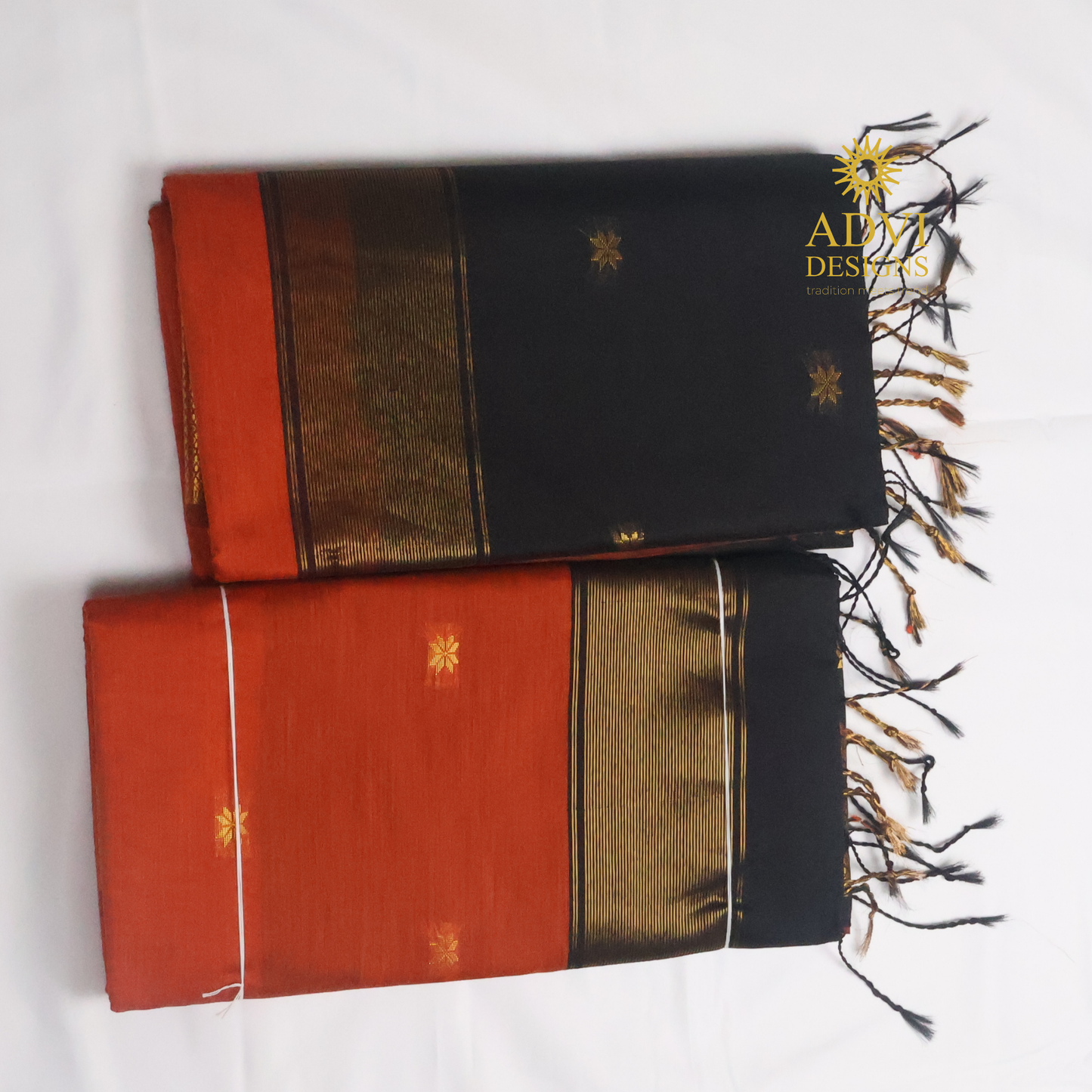 Maheshwari Silk Cotton Saree in Brick Orange with Black Contrast Pallu & Black Blouse | Gold Woven Motifs