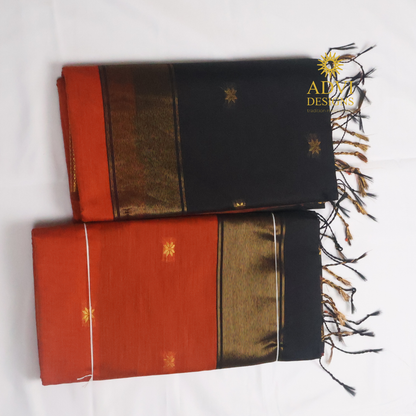 Maheshwari Silk Cotton Saree in Brick Orange with Black Contrast Pallu & Black Blouse | Gold Woven Motifs