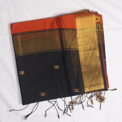 Maheshwari Silk Cotton Saree in Brick Orange with Black Contrast Pallu & Black Blouse | Gold Woven Motifs