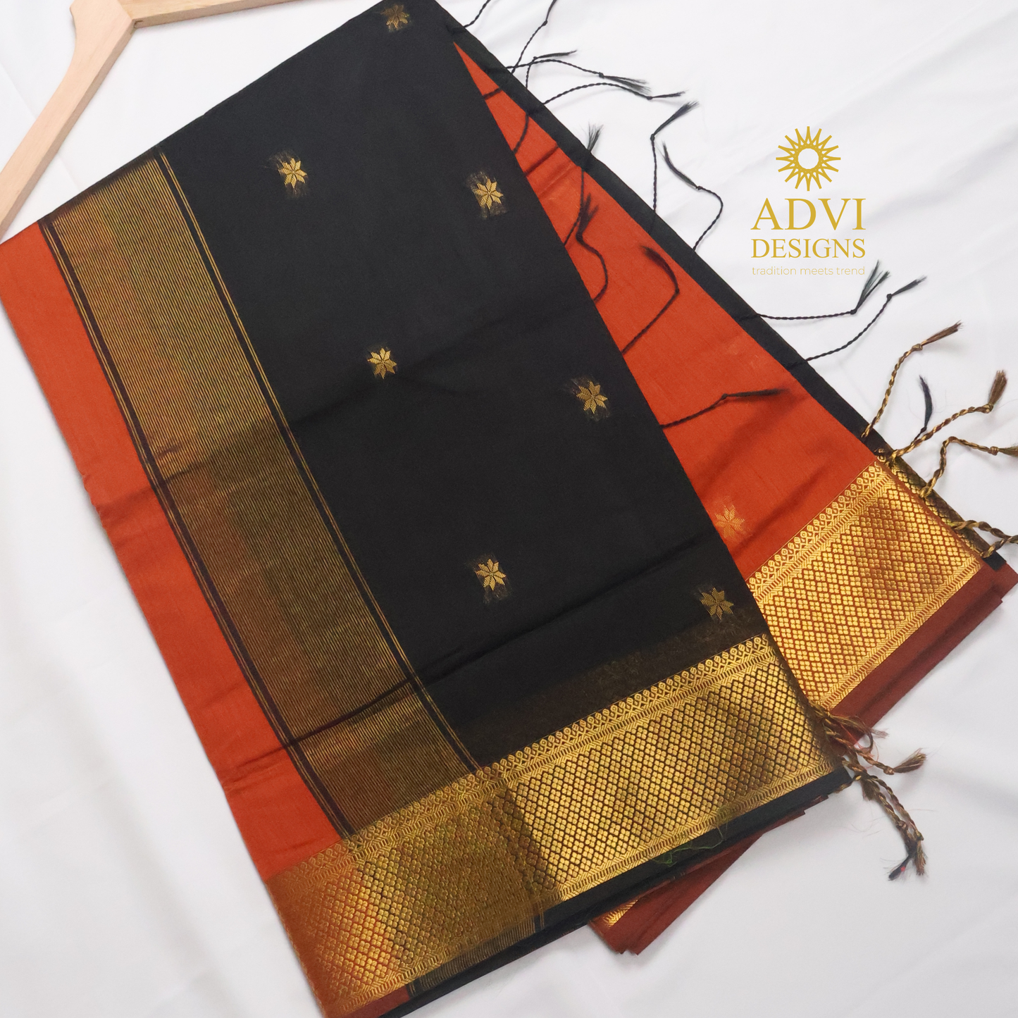 Maheshwari Silk Cotton Saree in Brick Orange with Black Contrast Pallu & Black Blouse | Gold Woven Motifs