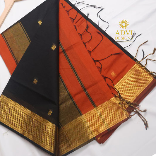 Maheshwari Silk Cotton Saree in Brick Orange with Black Contrast Pallu & Black Blouse | Gold Woven Motifs