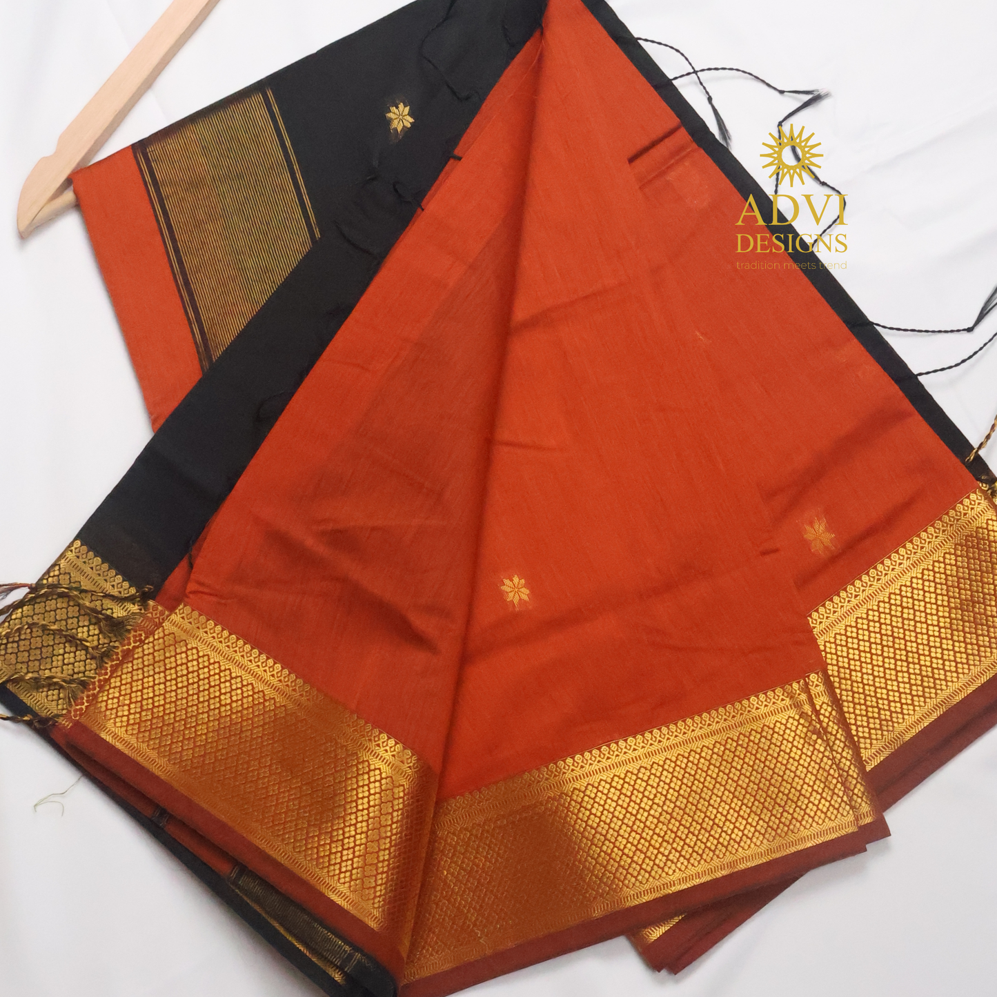 Maheshwari Silk Cotton Saree in Brick Orange with Black Contrast Pallu & Black Blouse | Gold Woven Motifs