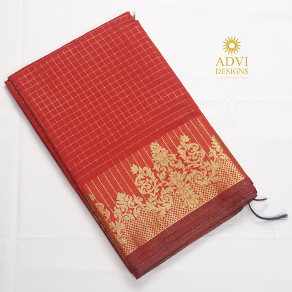 Semi Kanchivaram Silk Saree in Vermilion Red with Gold Checked Weave, Plain Zari Pallu & Zari Stripes Blouse