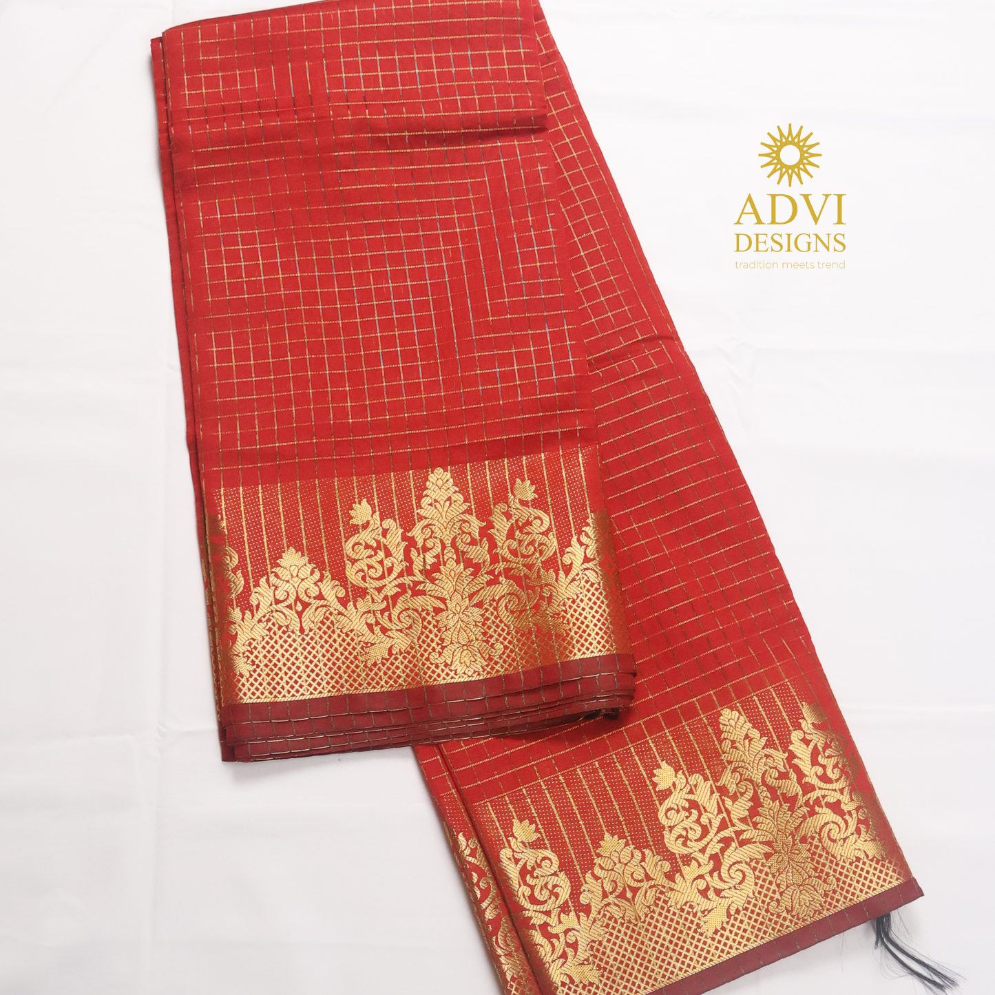 Semi Kanchivaram Silk Saree in Vermilion Red with Gold Checked Weave, Plain Zari Pallu & Zari Stripes Blouse