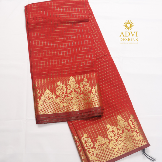 Semi Kanchivaram Silk Saree in Vermilion Red with Gold Checked Weave, Plain Zari Pallu & Zari Stripes Blouse