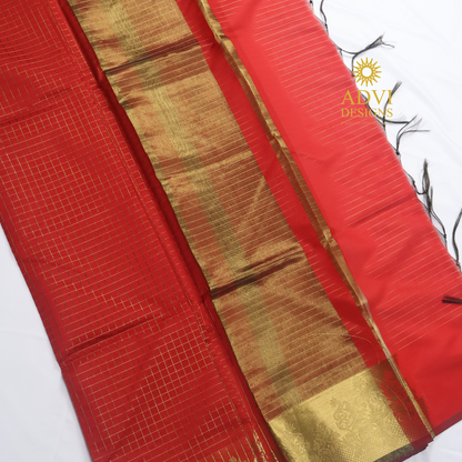 Semi Kanchivaram Silk Saree in Vermilion Red with Gold Checked Weave, Plain Zari Pallu & Zari Stripes Blouse