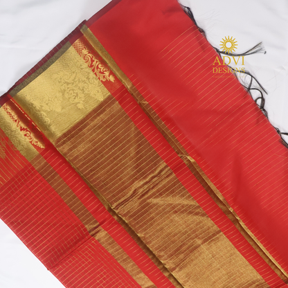 Semi Kanchivaram Silk Saree in Vermilion Red with Gold Checked Weave, Plain Zari Pallu & Zari Stripes Blouse