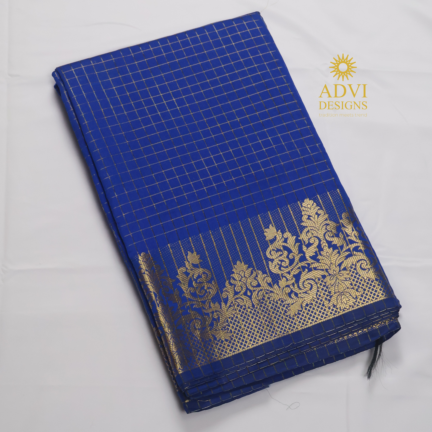 Semi Kanchivaram Silk Saree in Royal Blue with Gold Checked Weave, Plain Zari Pallu & Zari Stripes Blouse