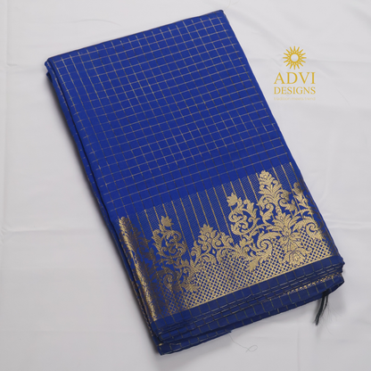 Semi Kanchivaram Silk Saree in Royal Blue with Gold Checked Weave, Plain Zari Pallu & Zari Stripes Blouse