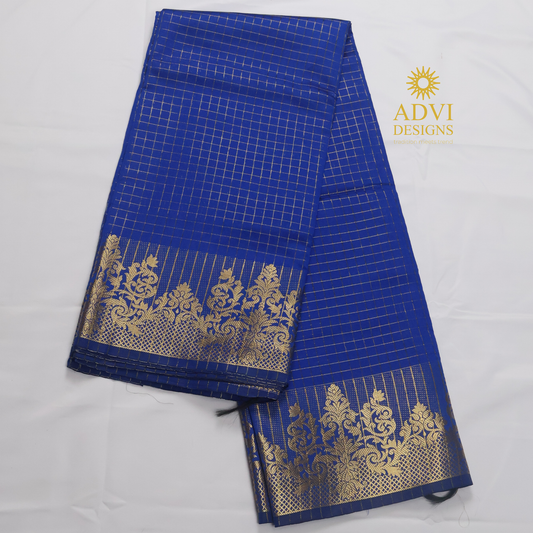 Semi Kanchivaram Silk Saree in Royal Blue with Gold Checked Weave, Plain Zari Pallu & Zari Stripes Blouse