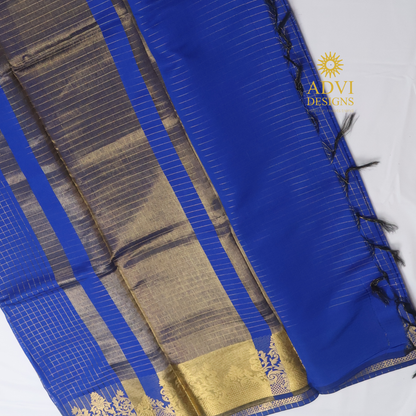 Semi Kanchivaram Silk Saree in Royal Blue with Gold Checked Weave, Plain Zari Pallu & Zari Stripes Blouse