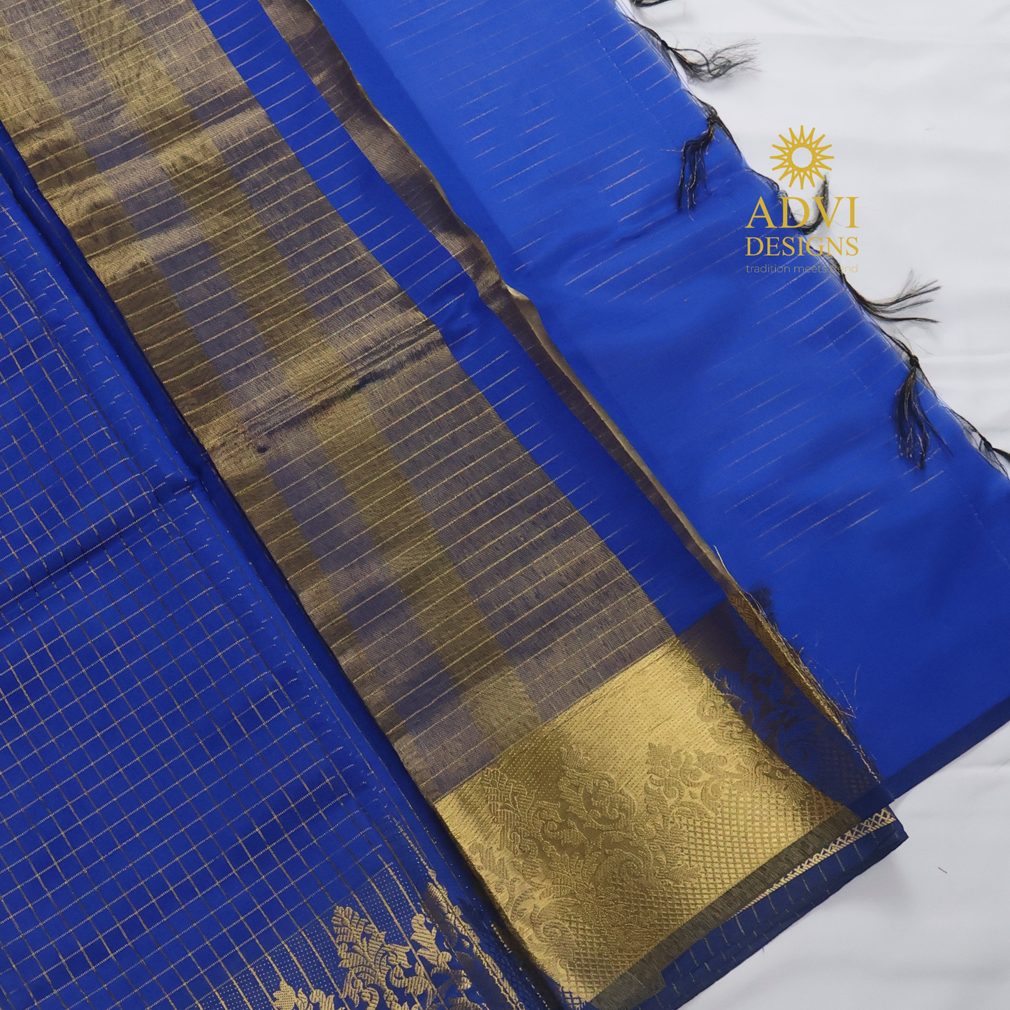 Semi Kanchivaram Silk Saree in Royal Blue with Gold Checked Weave, Plain Zari Pallu & Zari Stripes Blouse
