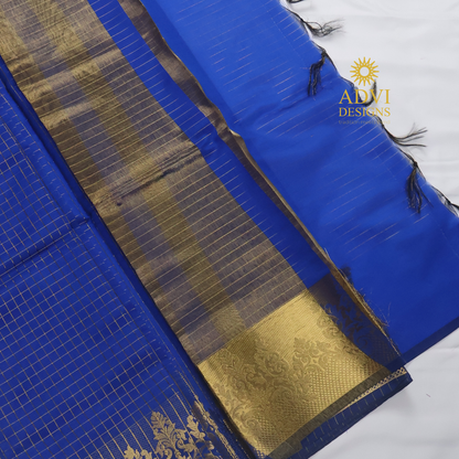 Semi Kanchivaram Silk Saree in Royal Blue with Gold Checked Weave, Plain Zari Pallu & Zari Stripes Blouse