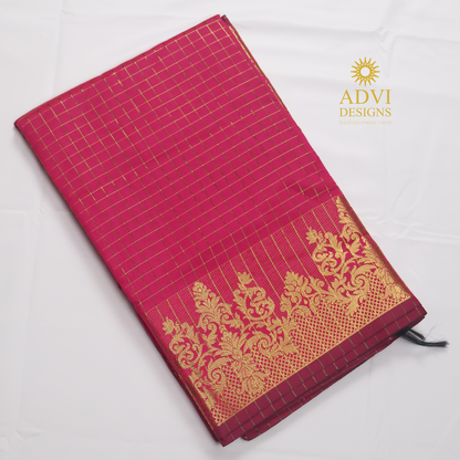 Semi Kanchivaram Silk Saree in Rani Pink with Gold Checked Weave, Plain Zari Pallu & Zari Stripes Blouse