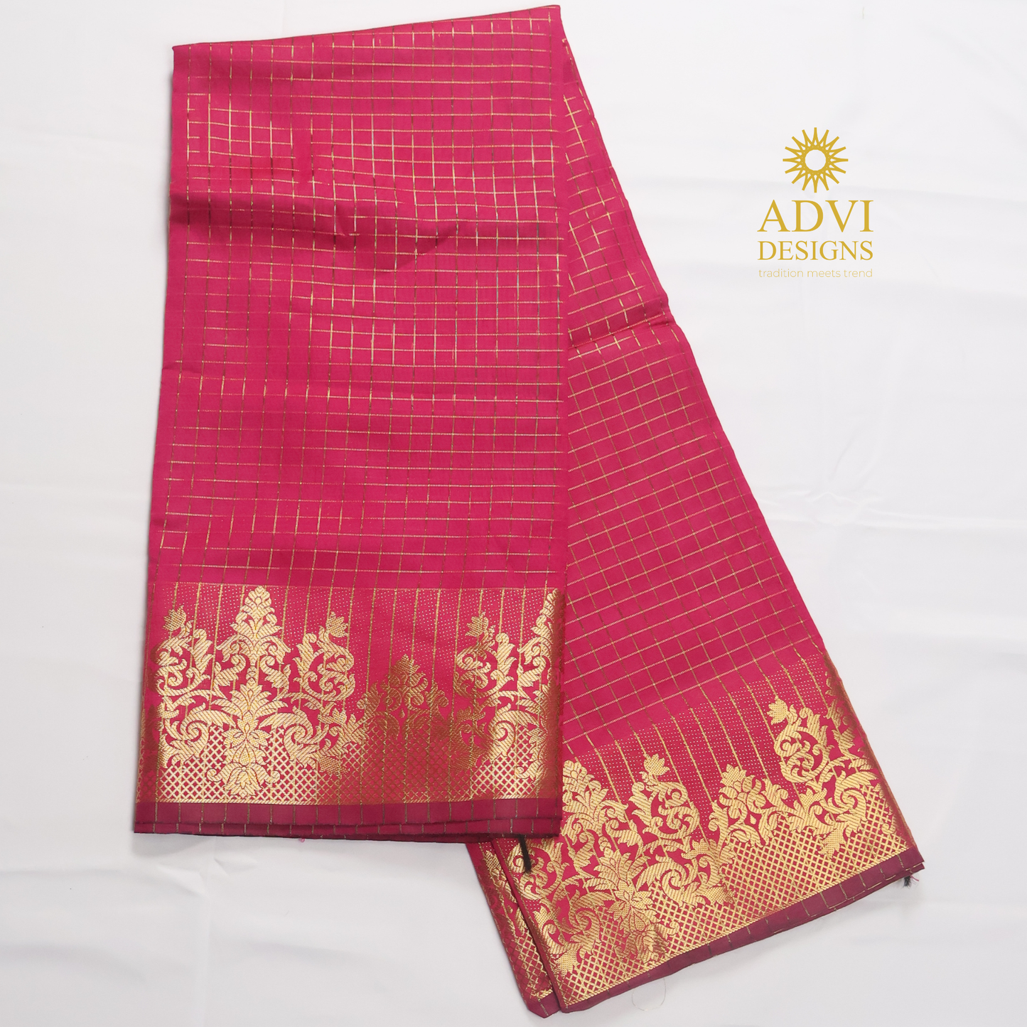 Semi Kanchivaram Silk Saree in Rani Pink with Gold Checked Weave, Plain Zari Pallu & Zari Stripes Blouse
