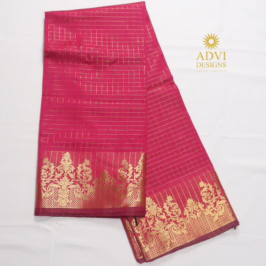 Semi Kanchivaram Silk Saree in Rani Pink with Gold Checked Weave, Plain Zari Pallu & Zari Stripes Blouse