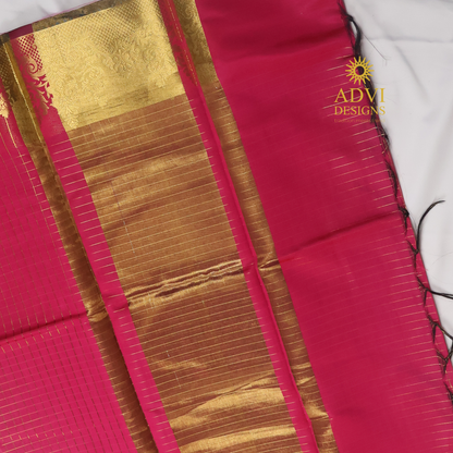 Semi Kanchivaram Silk Saree in Rani Pink with Gold Checked Weave, Plain Zari Pallu & Zari Stripes Blouse