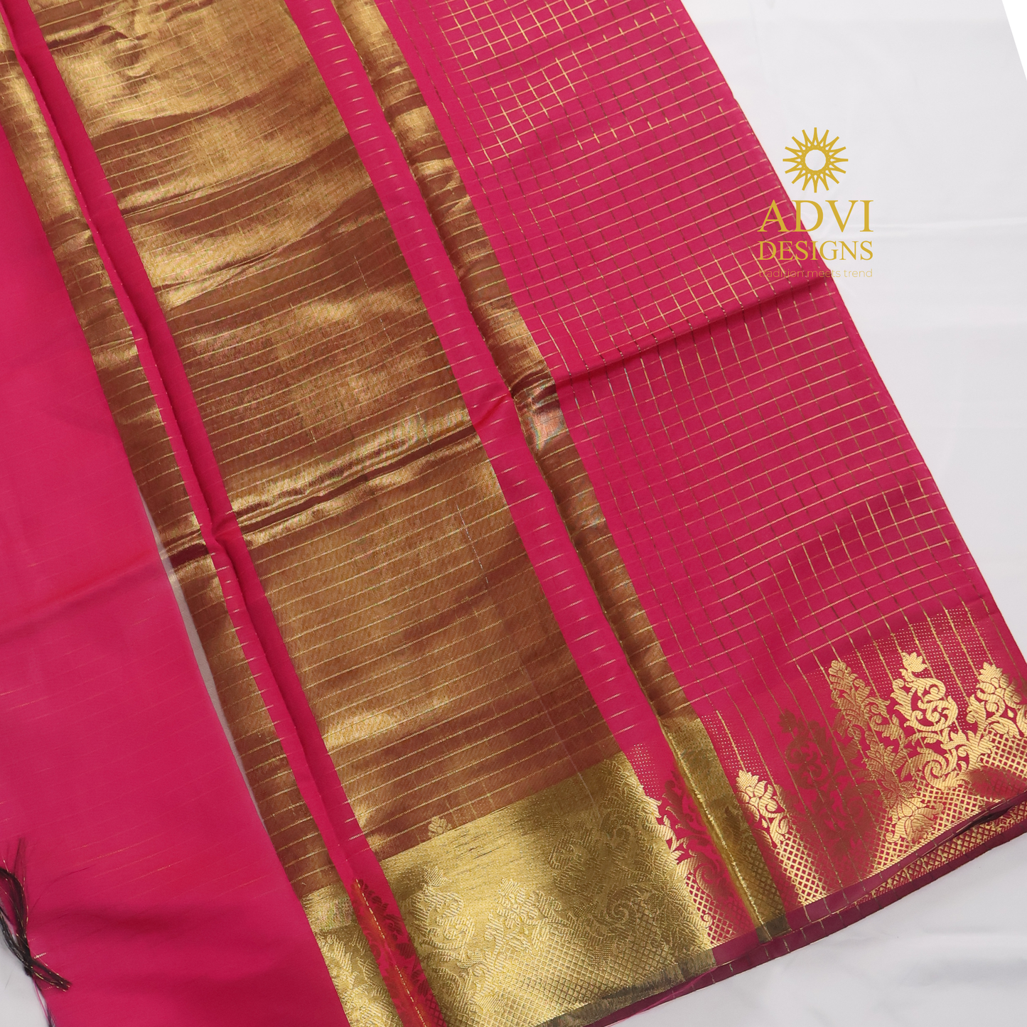 Semi Kanchivaram Silk Saree in Rani Pink with Gold Checked Weave, Plain Zari Pallu & Zari Stripes Blouse
