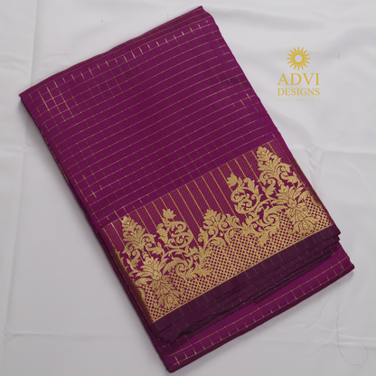 Semi Kanchivaram Silk Saree in Magenta with Gold Checked Weave, Plain Zari Pallu & Zari Stripes Blouse