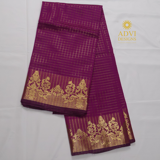 Semi Kanchivaram Silk Saree in Magenta with Gold Checked Weave, Plain Zari Pallu & Zari Stripes Blouse