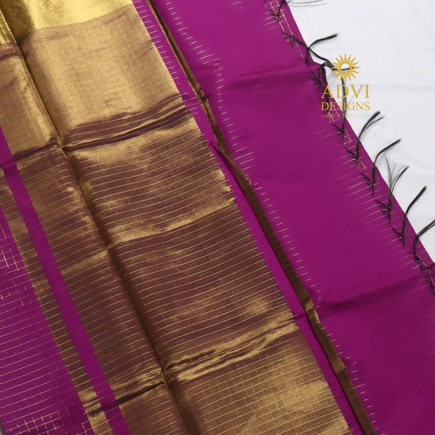 Semi Kanchivaram Silk Saree in Magenta with Gold Checked Weave, Plain Zari Pallu & Zari Stripes Blouse