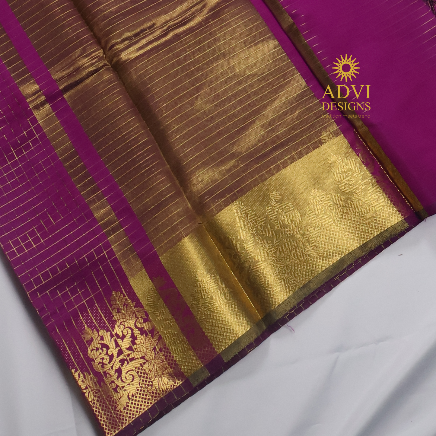Semi Kanchivaram Silk Saree in Magenta with Gold Checked Weave, Plain Zari Pallu & Zari Stripes Blouse