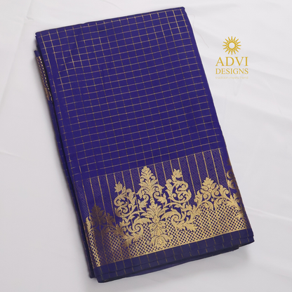 Semi Kanchivaram Silk Saree in Deep Violet Blue with Gold Checked Weave, Plain Zari Pallu & Zari Stripes Blouse