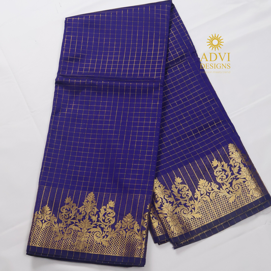 Semi Kanchivaram Silk Saree in Deep Violet Blue with Gold Checked Weave, Plain Zari Pallu & Zari Stripes Blouse
