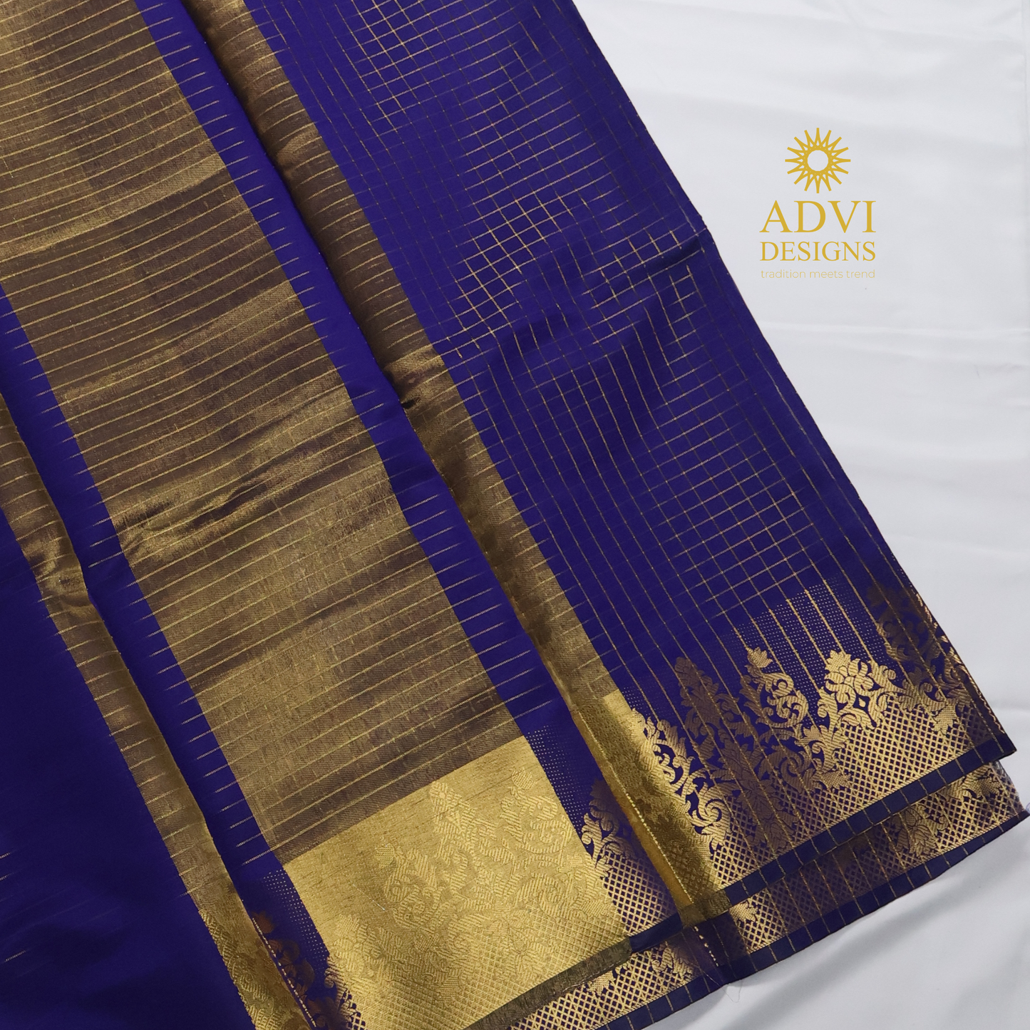 Semi Kanchivaram Silk Saree in Deep Violet Blue with Gold Checked Weave, Plain Zari Pallu & Zari Stripes Blouse