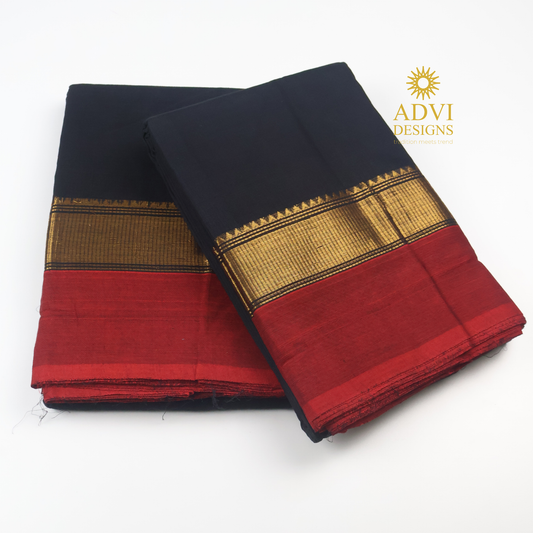 Black & Maroon Kanchi Cotton Saree with Traditional Zari Border & Contrast Pallu