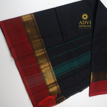Black & Maroon Kanchi Cotton Saree with Traditional Zari Border & Contrast Pallu