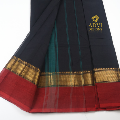 Black & Maroon Kanchi Cotton Saree with Traditional Zari Border & Contrast Pallu
