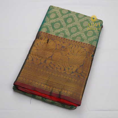 Sea Green Brocade Silk Saree with Antique Gold Zari Border & Rich Copper Brocade Pallu