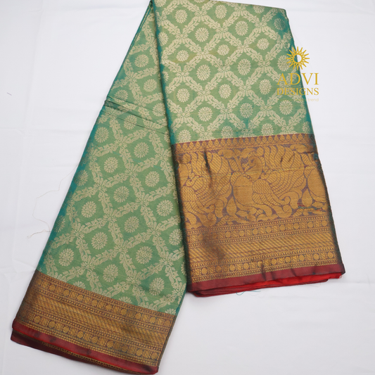 Sea Green Brocade Silk Saree with Antique Gold Zari Border & Rich Copper Brocade Pallu