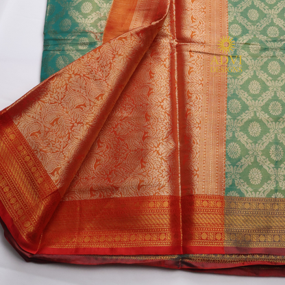 Sea Green Brocade Silk Saree with Antique Gold Zari Border & Rich Copper Brocade Pallu