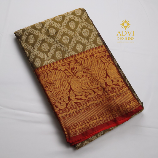 Mehndi Green Brocade Silk Saree with Antique Gold Zari Border & Rich Copper Brocade Pallu