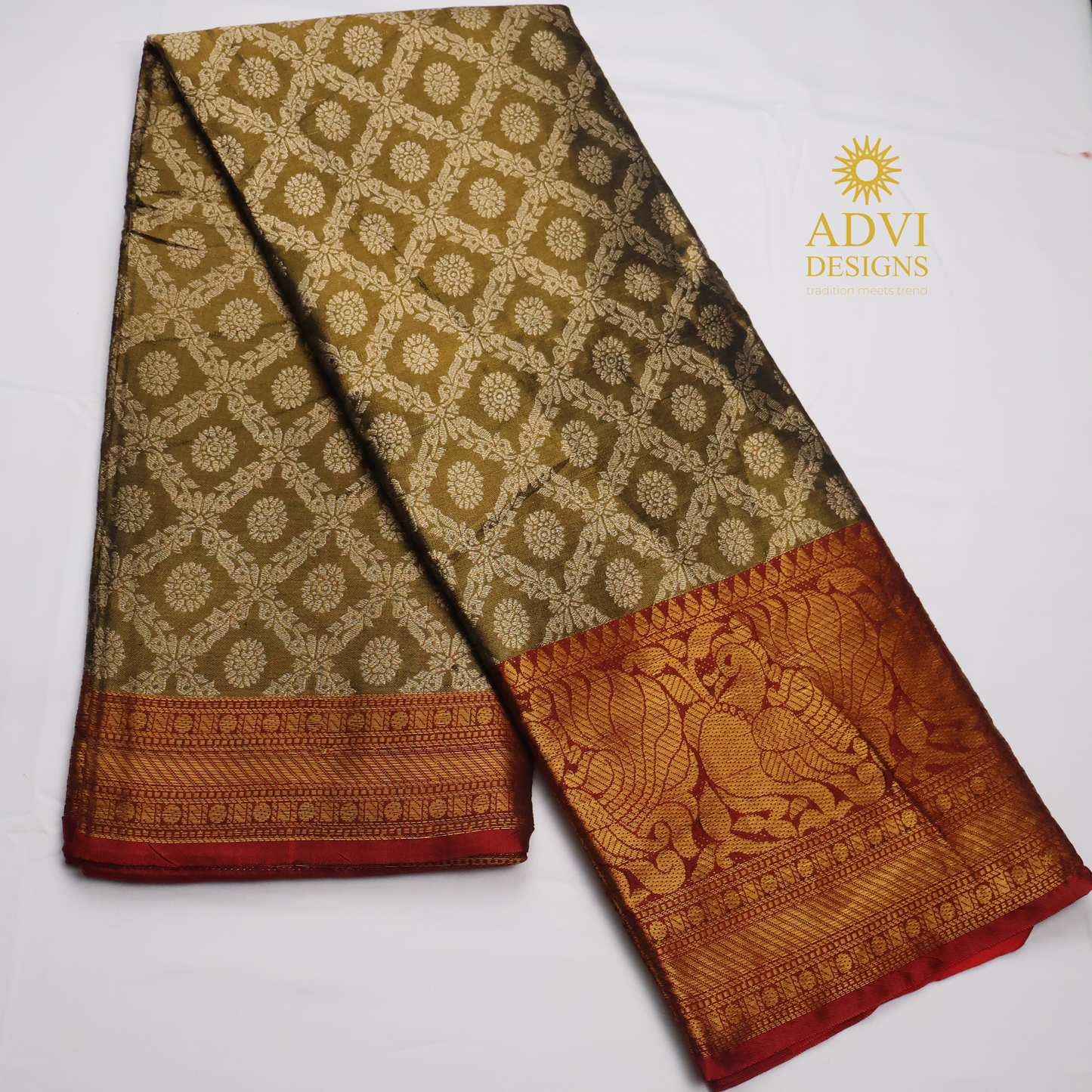 Mehndi Green Brocade Silk Saree with Antique Gold Zari Border & Rich Copper Brocade Pallu