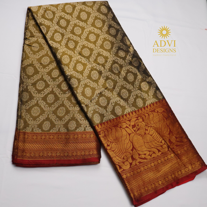 Mehndi Green Brocade Silk Saree with Antique Gold Zari Border & Rich Copper Brocade Pallu