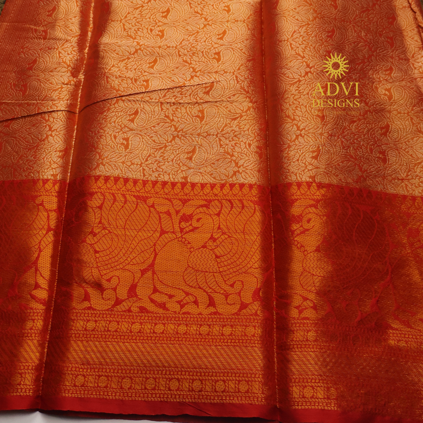 Mehndi Green Brocade Silk Saree with Antique Gold Zari Border & Rich Copper Brocade Pallu