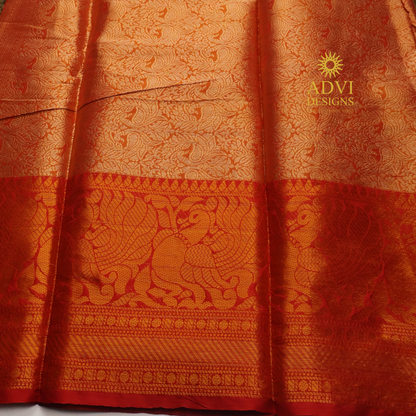 Mehndi Green Brocade Silk Saree with Antique Gold Zari Border & Rich Copper Brocade Pallu