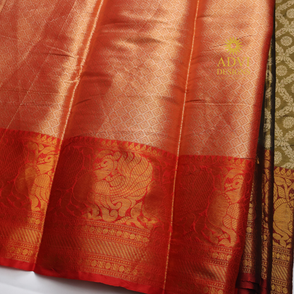 Mehndi Green Brocade Silk Saree with Antique Gold Zari Border & Rich Copper Brocade Pallu