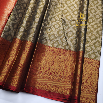Mehndi Green Brocade Silk Saree with Antique Gold Zari Border & Rich Copper Brocade Pallu