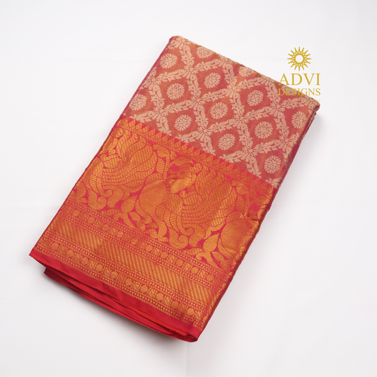 Dusty Rose Brocade Silk Saree with Antique Gold Zari Border & Rich Copper Brocade Pallu