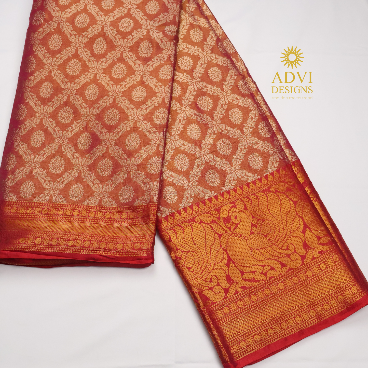 Dusty Rose Brocade Silk Saree with Antique Gold Zari Border & Rich Copper Brocade Pallu