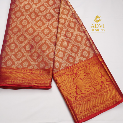 Dusty Rose Brocade Silk Saree with Antique Gold Zari Border & Rich Copper Brocade Pallu