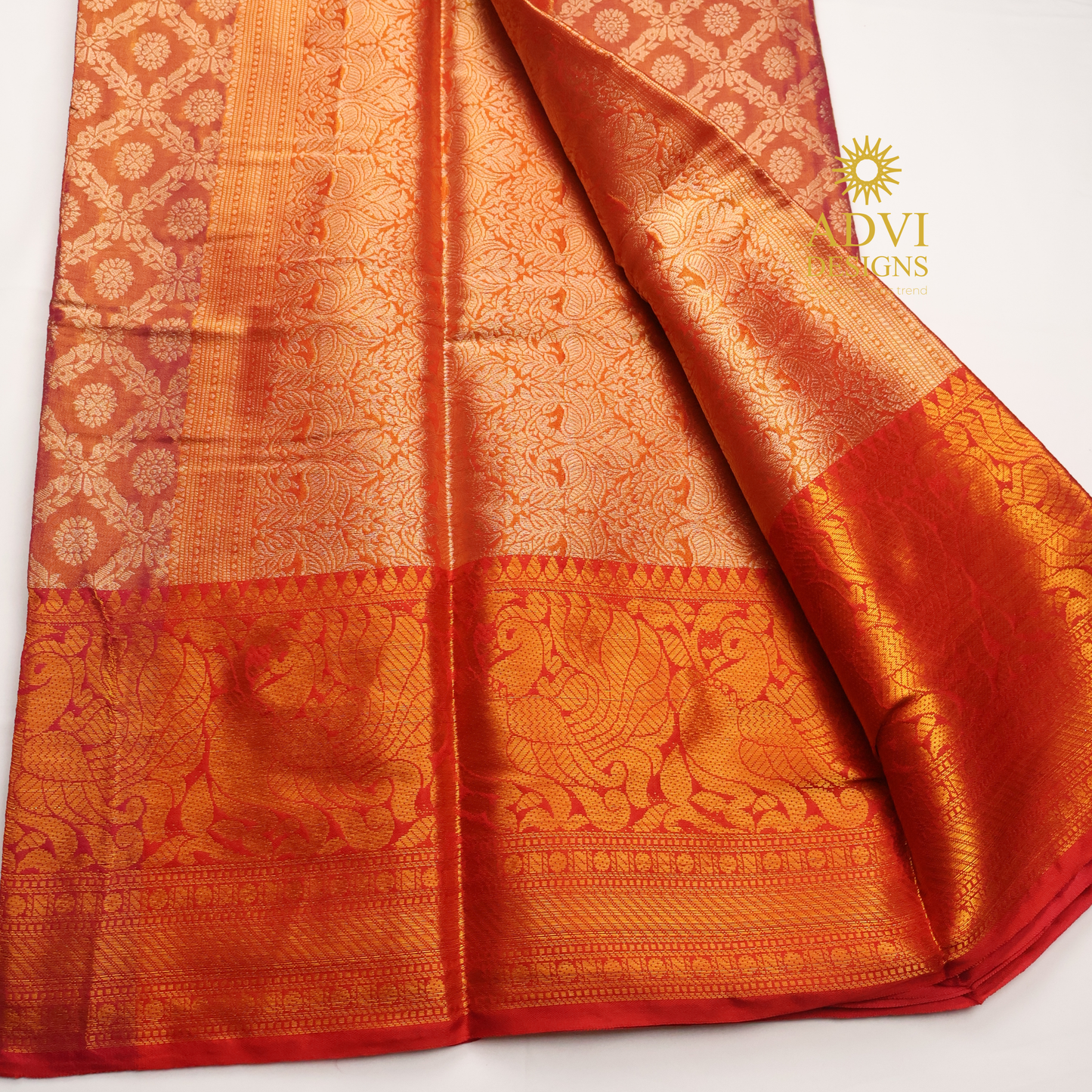 Dusty Rose Brocade Silk Saree with Antique Gold Zari Border & Rich Copper Brocade Pallu